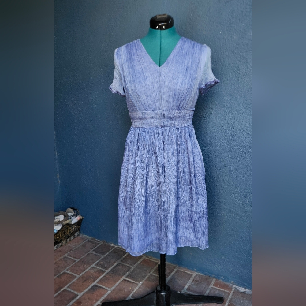 100% Silk "Fantiow" Blue Pleated Dress